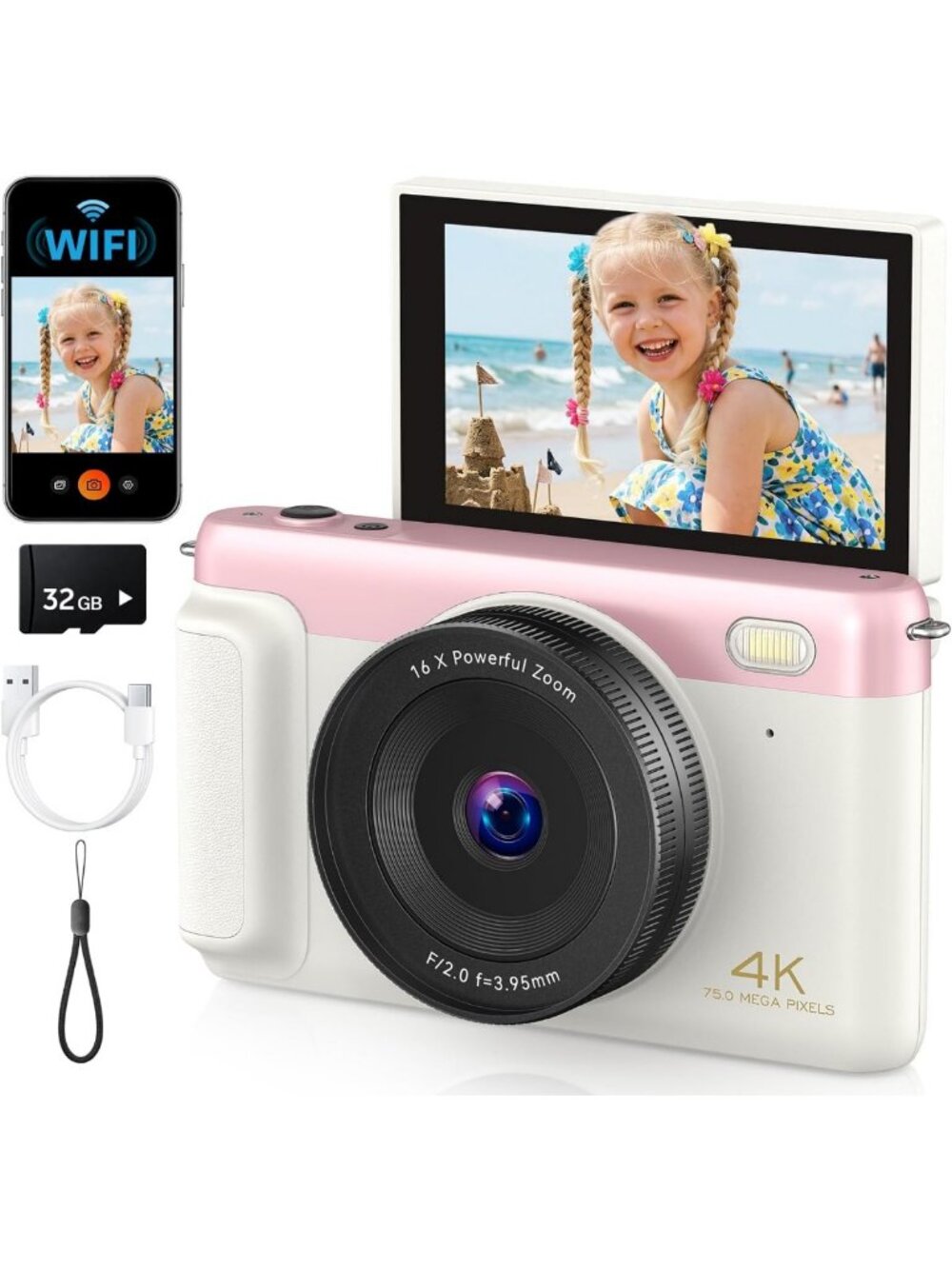 4K Digital Camera for Photography, Flip Screen, WiFi, Compact & Stylish Pink